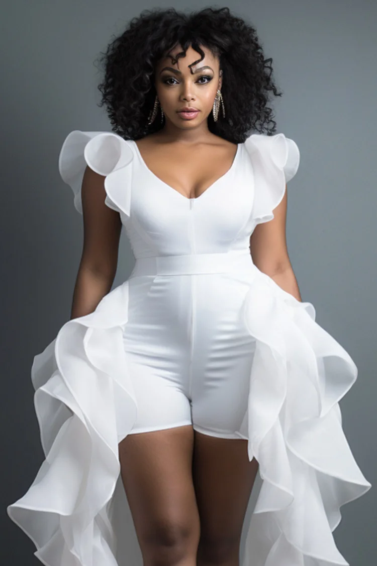 Xpluswear Design Plus Size Daily White Elegant V Neck Short Sleeve With Skirt Overlay Contrast Rompers [Pre-Order]