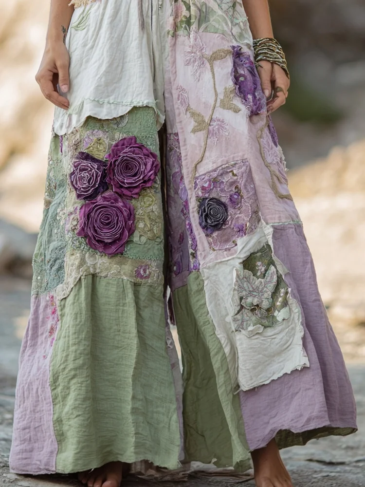 Utbros Vintage Purple Roses Embroidered Flowy Linen Pants