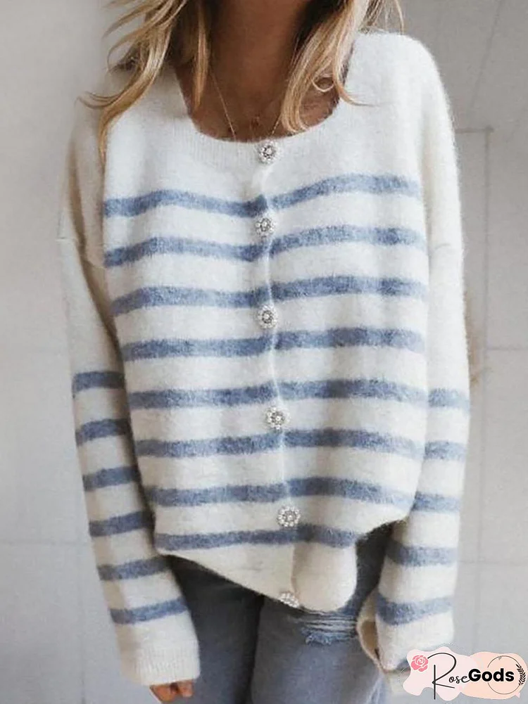 Women Striped Casual Winter Square Neck Acrylic Daily Long Sleeve Loose Regular Sweater