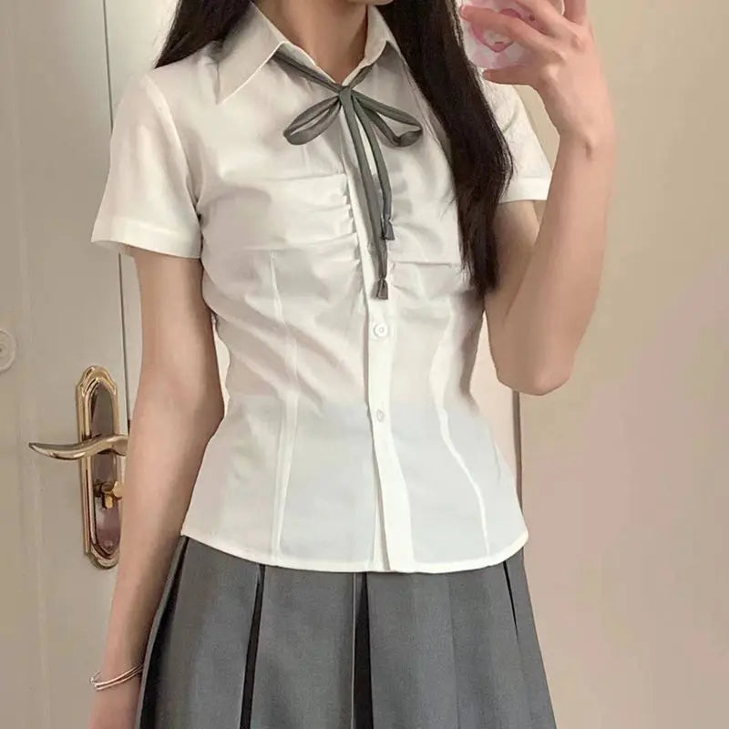 Aiertu Shirts Women Solid Preppy Simple Slim Summer Short Sleeve Chic Folds Leisure Female Korean Style All-match New Design Clothing aiertu
