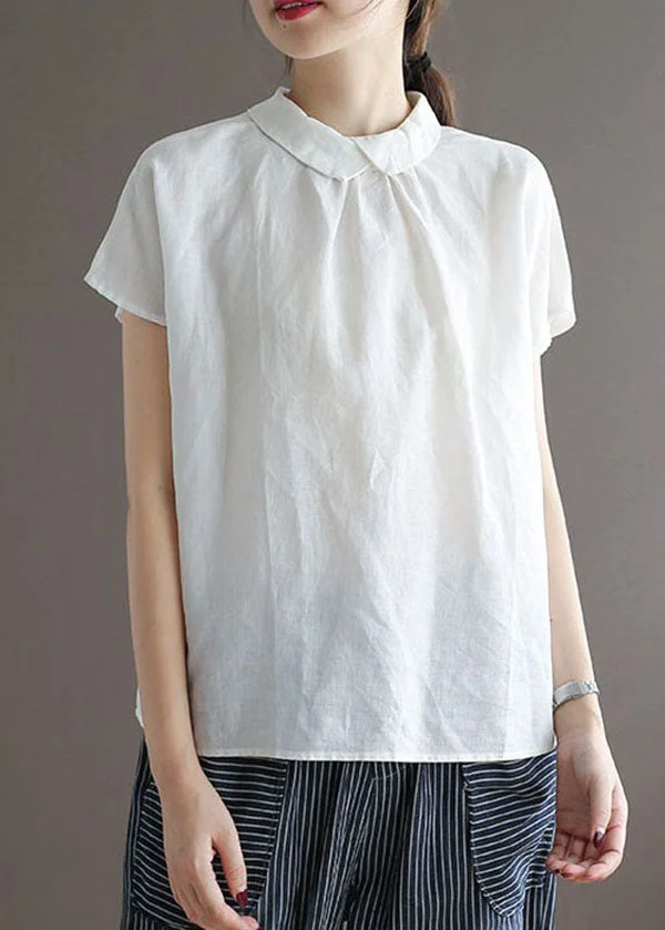 Unique White Peter Pan Collar Button Patchwork Linen Top Summer