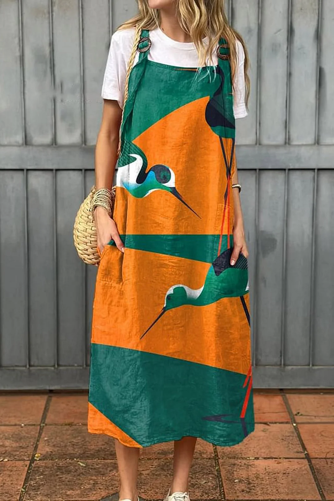 Women's Vintage Egret Art Print Cotton Pocket Suspender Dress