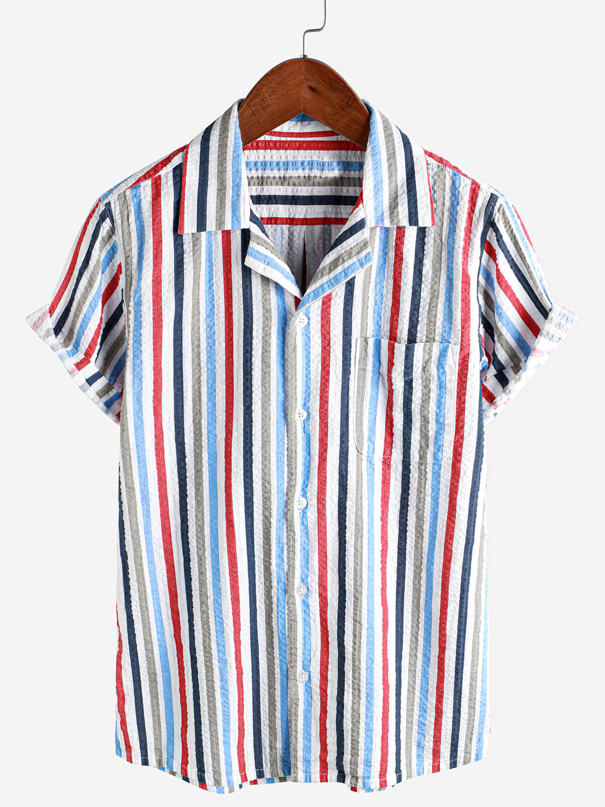 Men's Casual 100% Cotton Striped Pocket Hawaiian Holiday Button Up Short Sleeve Shirt