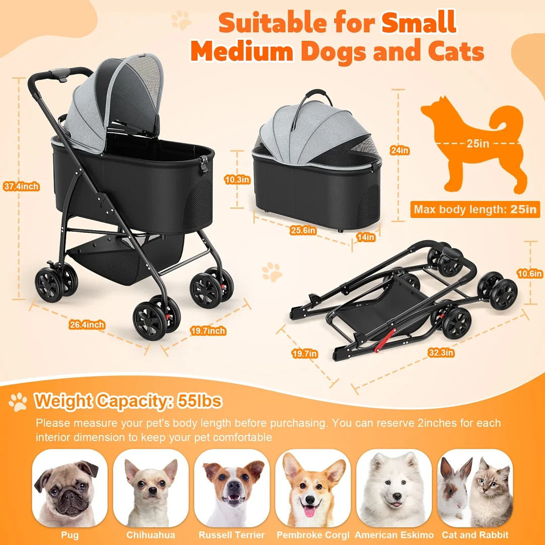 BEBANG Pet Stroller with 4 Wheels, 3-in-1 Folding Dog Cat Stroller, Removable Travel Carrier for Small Medium Pet up to 55lb
