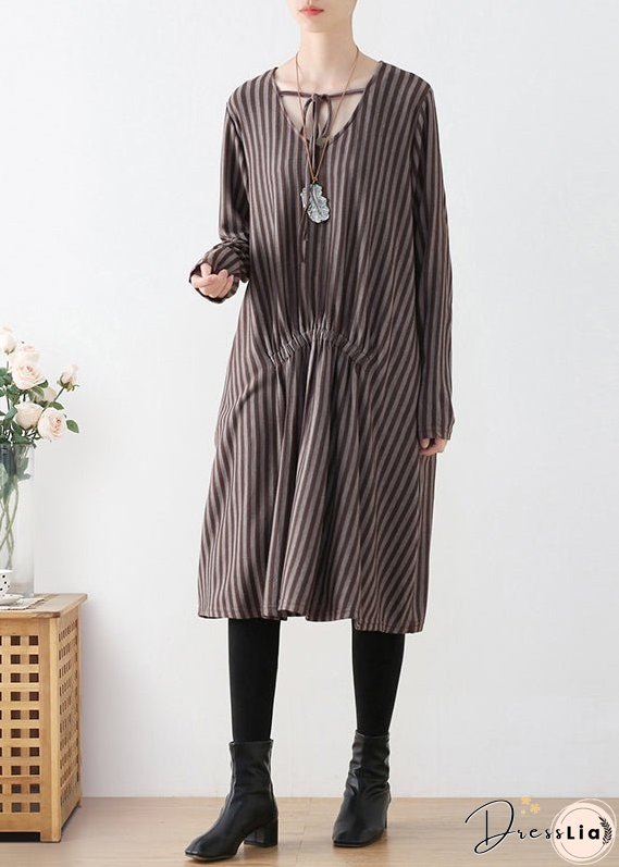 Organic Coffee V Neck Striped Knitted Cotton Thread Maxi Dress Fall