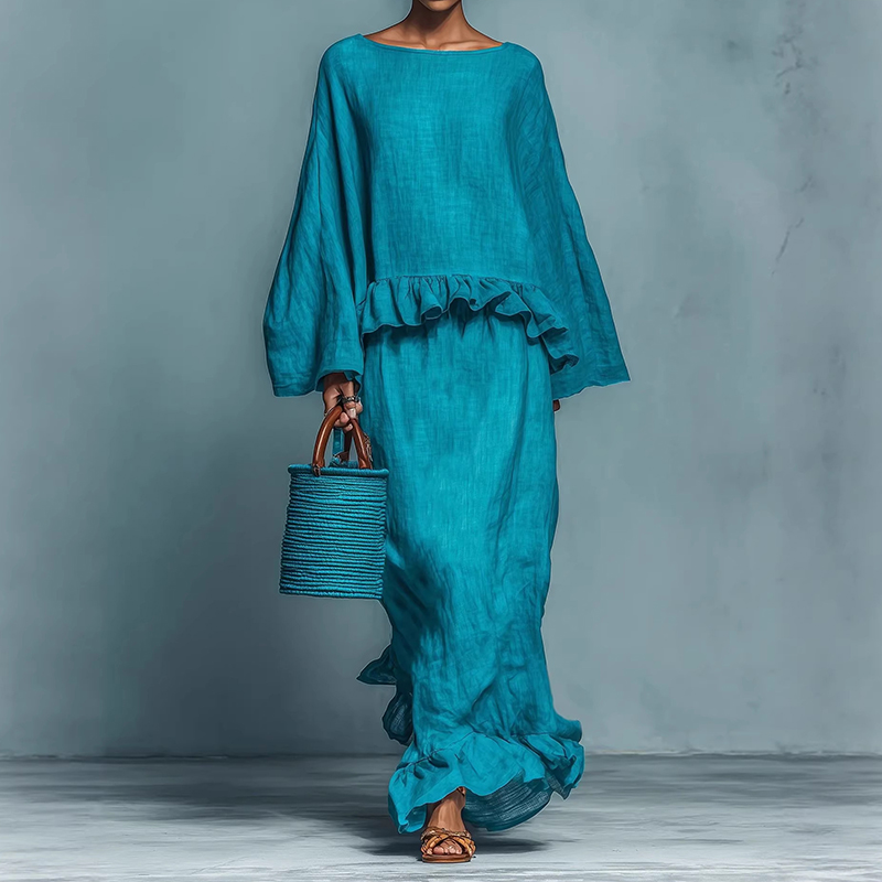 Ruffled Top And Skirt Linen Two Piece Set elevenforest