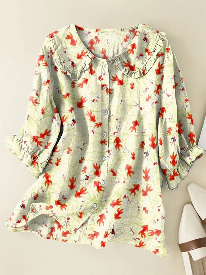Japanese Goldfish Cotton and Linen Peter Pan Ruffle Collar Shirt