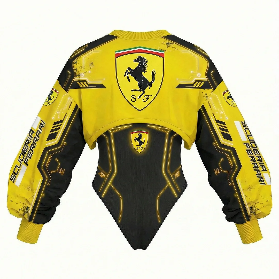 Women's Racing Team Logo Digitally Printed Tights Irregular Sweatshirt Set