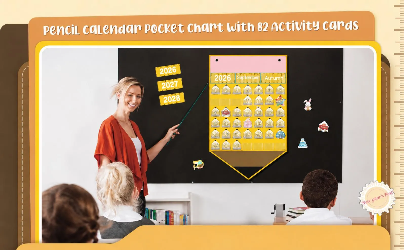 Pencil calendar pocket chart displayed in a classroom learning space