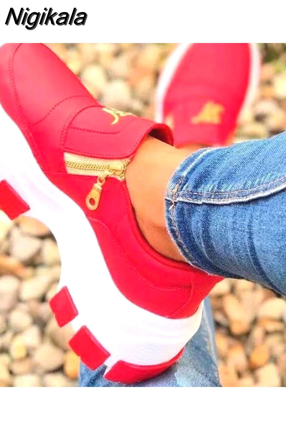 Nigikala New Spring Black Wedges Sneakers Platform Women Shoes Thick Bottom Fashion Zipper Non-slip Casual Women Vulcanized Shoes 430-1