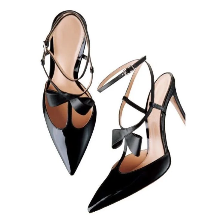 Black Patent Leather Bow Slingback Heels Pumps Shoes Vdcoo
