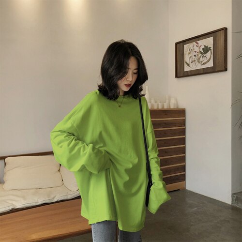 Tshirt 2021 Spring Solid Simple oversized harajuku Long T Shirt Women kawaii T-shirts Women White yellow long Sleeve Tops 18H