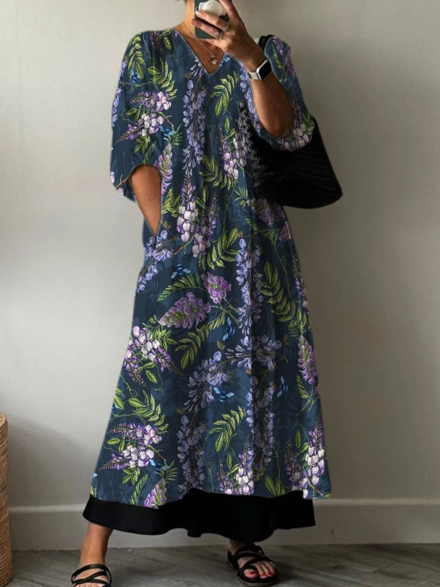 Purple Lavender Decorative Pattern Pocket V-neck Cotton Dress