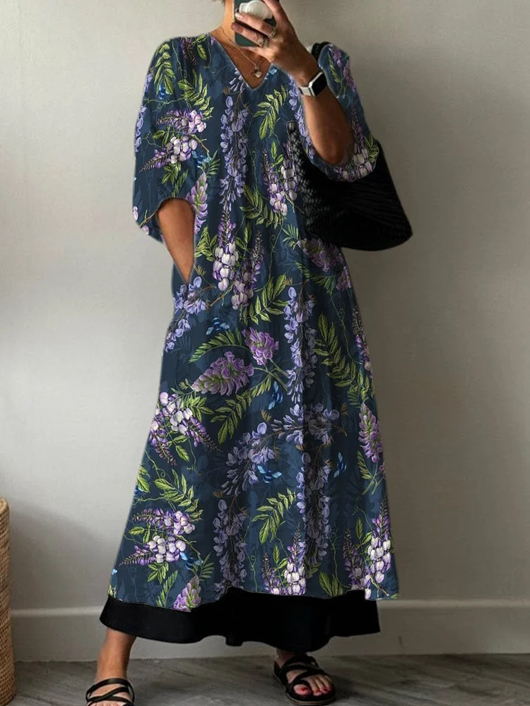 Purple Lavender Decorative Pattern Pocket V-neck Cotton Dress