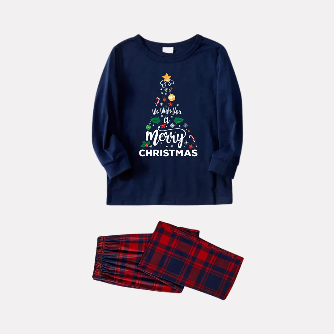"We Wish You a Merry Christmas" Printed Blue Long Sleeve Top With Blue & Red Plaid Family Matching Pajamas