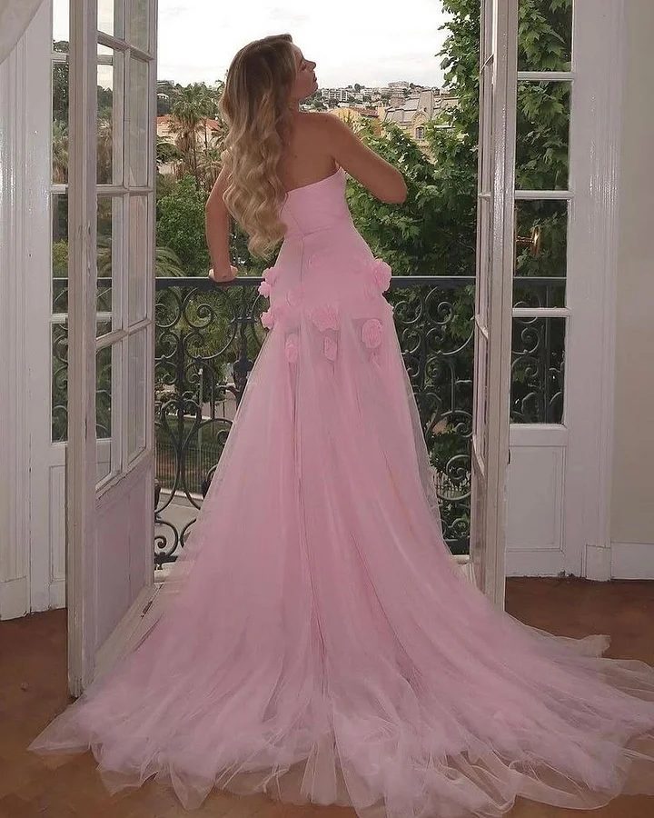 strapless open back dress Princess Quinceanera Dress Ball Gown Flowers Appliques Pink White Swee –  Simplepromdress