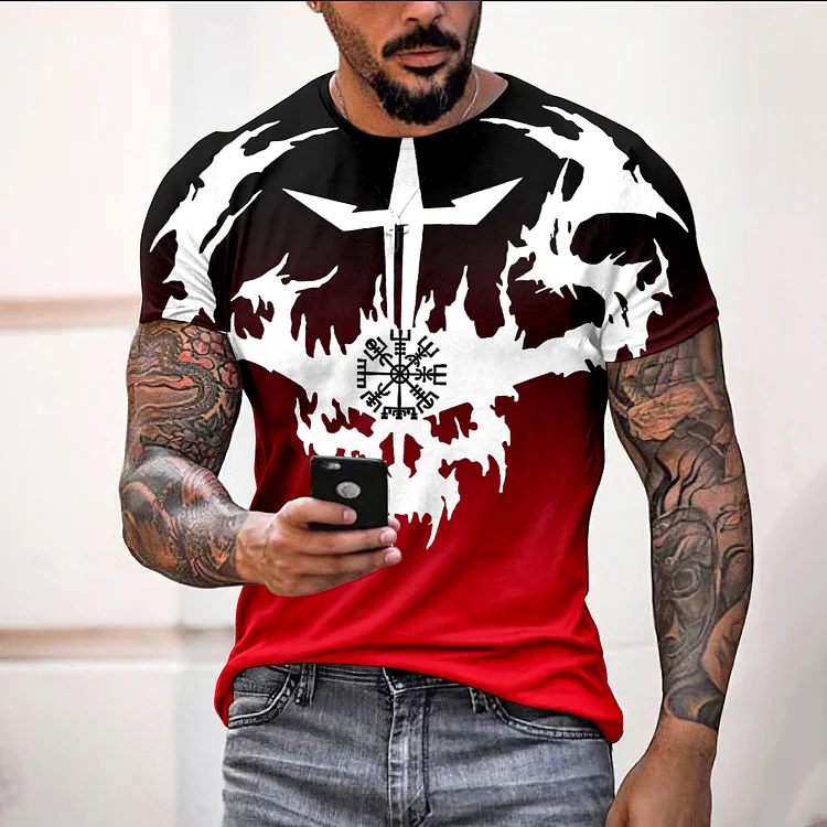 Wearshes Gradient Cross Viking Skull Print T-Shirt
