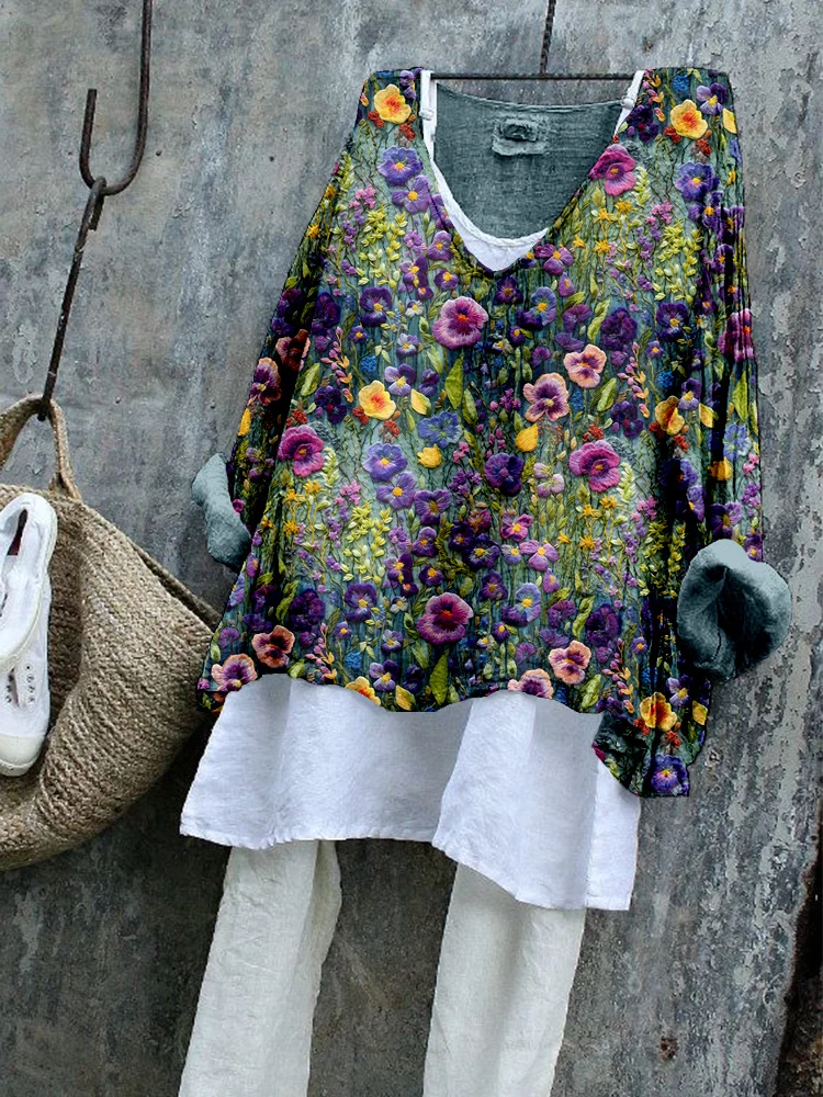 Comstylish Violet Wildflower Embroidery Art Linen Blend Flowy Tunic