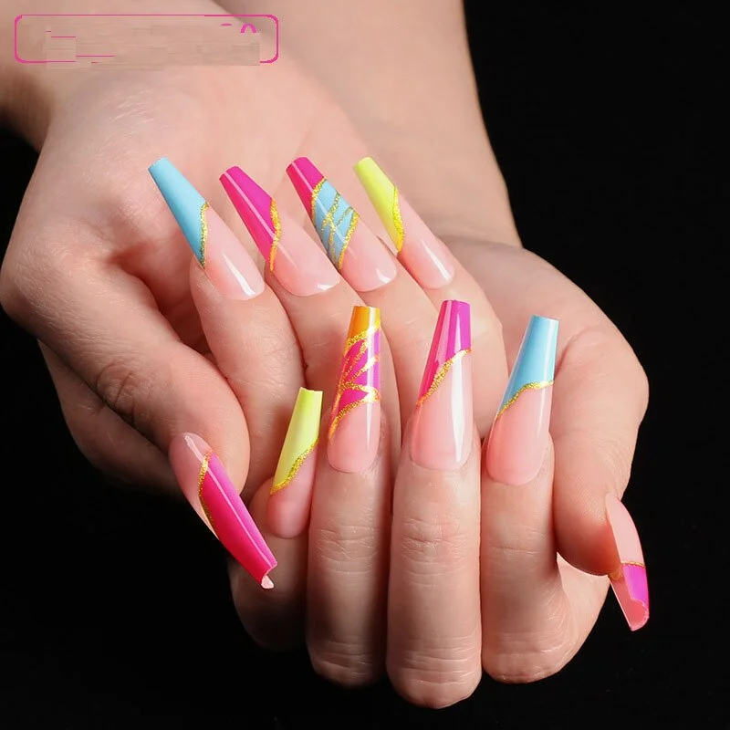 24pcs/Set Long Rainbow Color False Nails European Gold Line Decal Artificial Ballet Full Nail Art Tips with Glue Manicure Tools-Nail Inspo