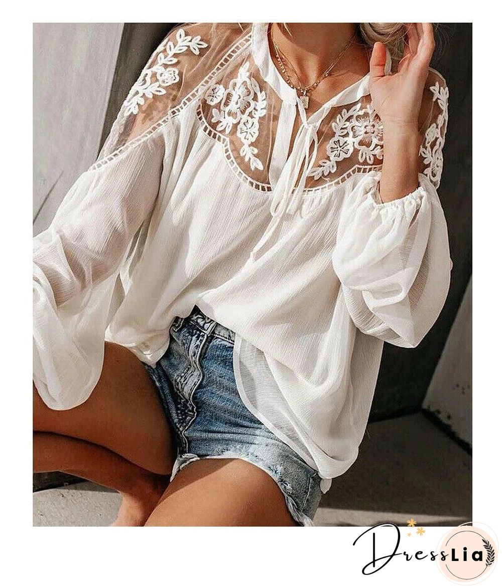 Black Chiffon Lace Panel Women's Mesh Lace Crochet Balloon Sleeve Shirt Loose White