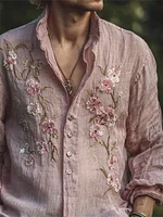 Men's Vintage Pink Cherry Blossom Embroidered Flowy Linen Shirt
