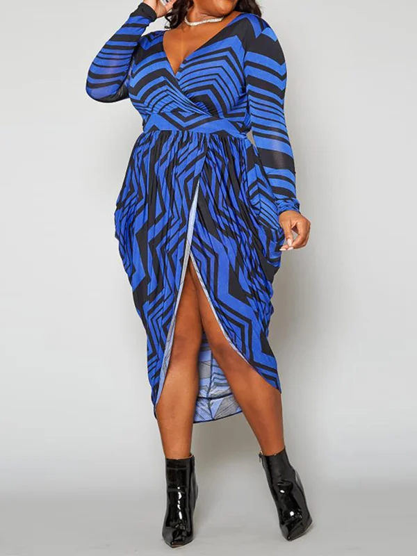 Pleated Printed Split-Front High-Low Long Sleeves Deep V-Neck Midi Dresses