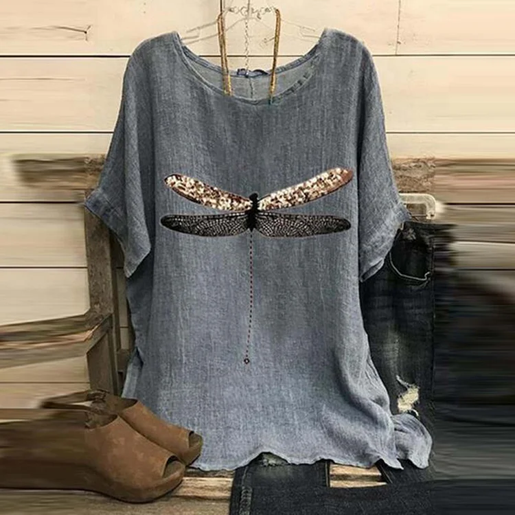 Cotton Linen Dragonfly Print Half Sleeve T-Shirt