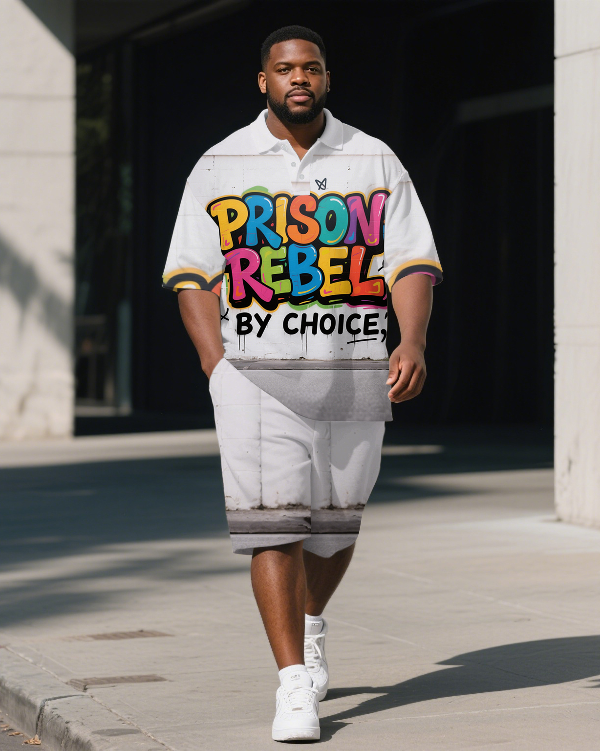 Men's Simple Colorful PRISON Lettering Big and Tall Short Sleeve Polo Shirt Shorts Set
