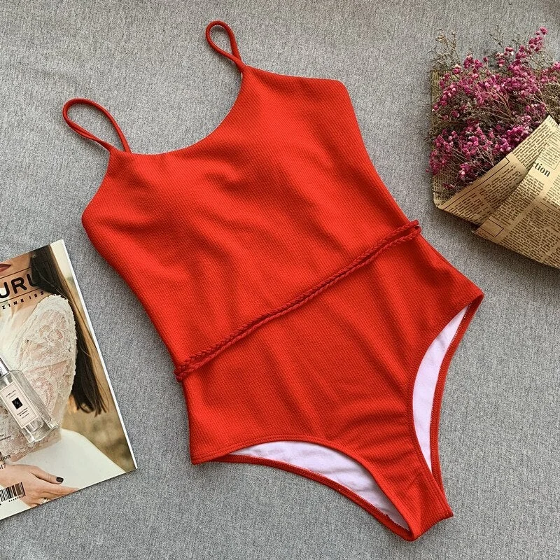 Sexy One Piece Swimsuit Push Up Swimwear Women Solid Trim swimming suit Bodysuit Swim Wear monokini  bathing suit women