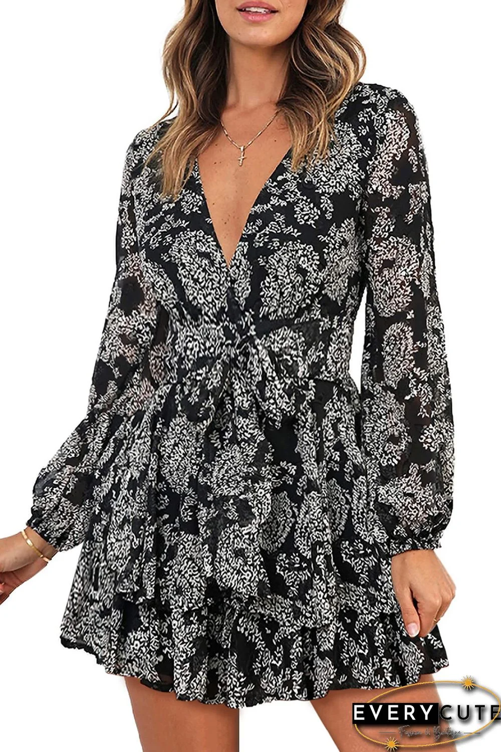 Black V Neck Baggy Sleeve Waist Tie Double Layer Ruffle Hem Floral Print Short Dress