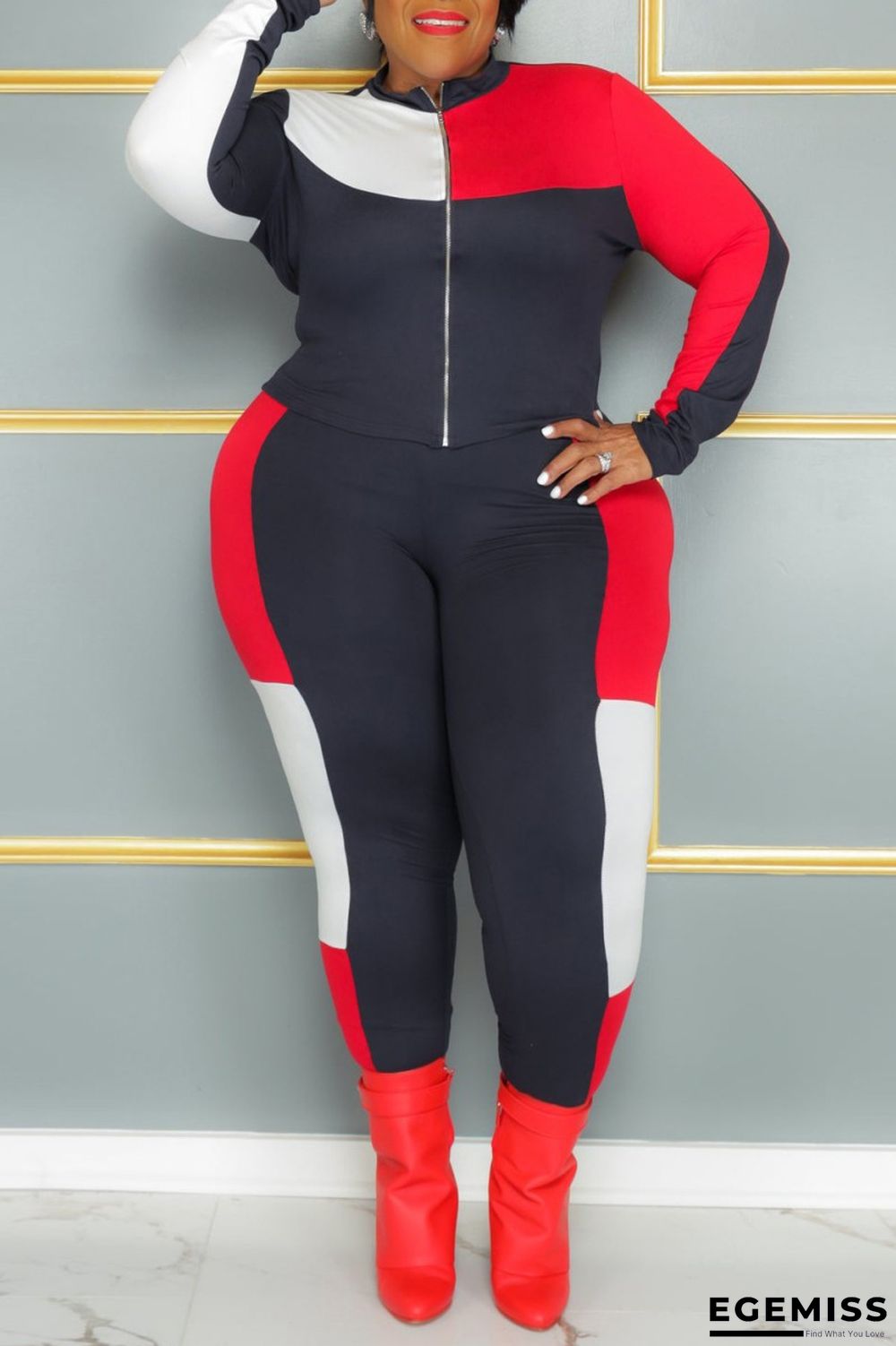 Black Casual Patchwork Contrast Zipper Collar Plus Size Two Pieces | EGEMISS