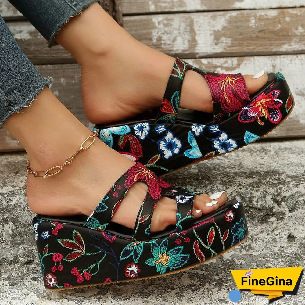 Women Floral Embroidery Hollow out Wide Strap Wedge Slippers Shoes