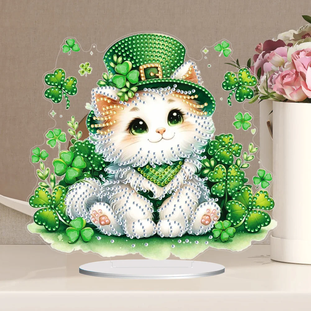 DIY St. Patricks Day Cat Diamond Painting Tabletop Ornaments Bedroom Table Decor