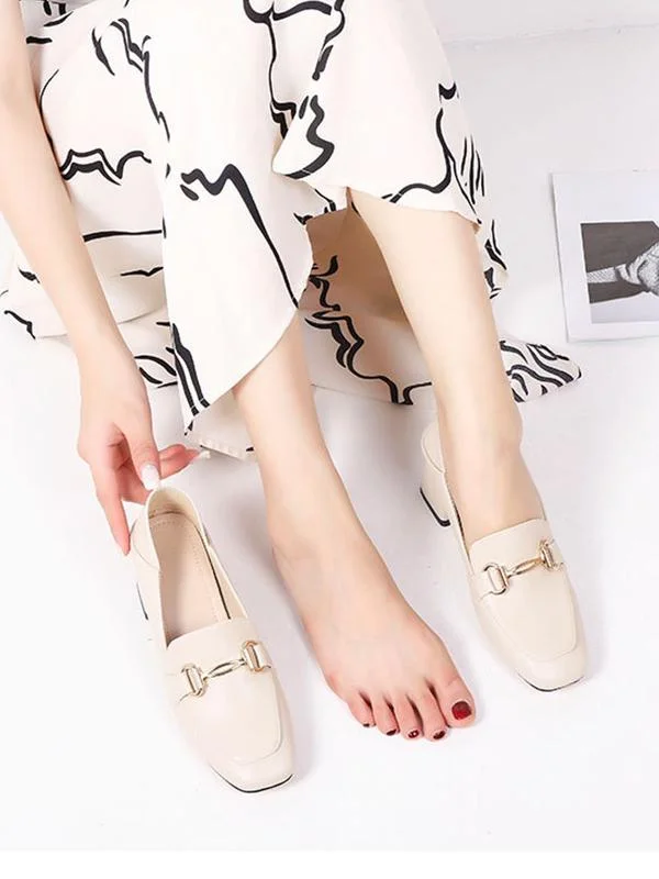 Fashionable metal buckle casual high-heel chunky square toe loafers