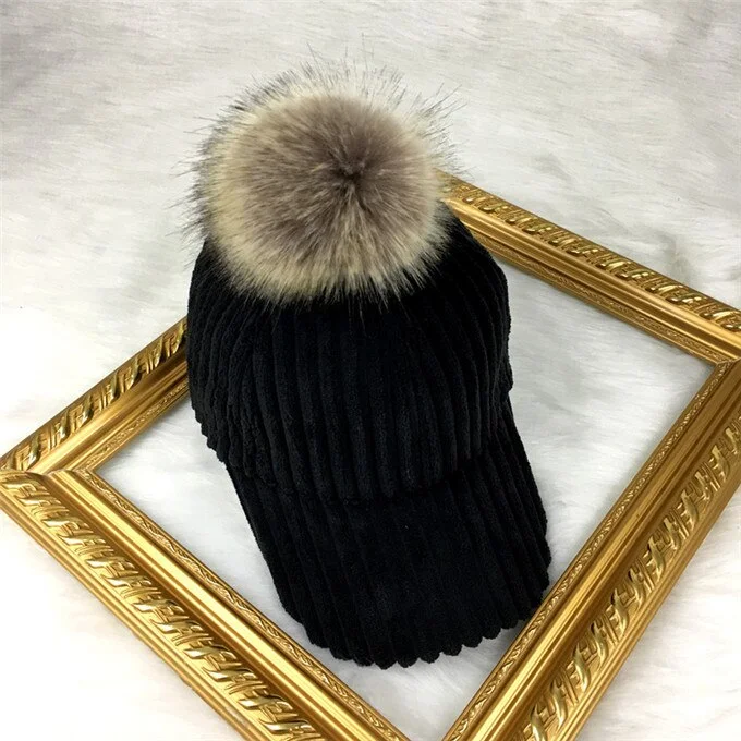SHUYUAN 002 Striped Baseball Caps For Women Autum Winter Casual corduroy Warm Hats Snapbacks Casquette With Removable Pom poms
