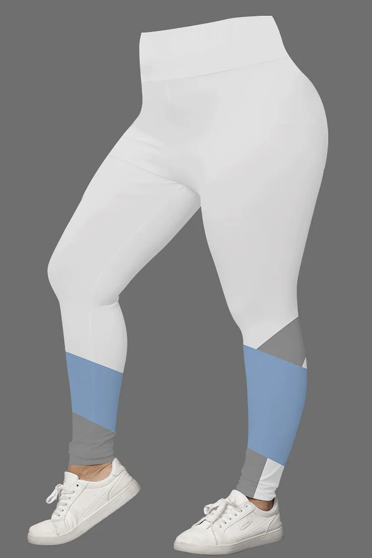 Flycurvy Plus Size Casual White Colorblock Print Legging  Flycurvy [product_label]