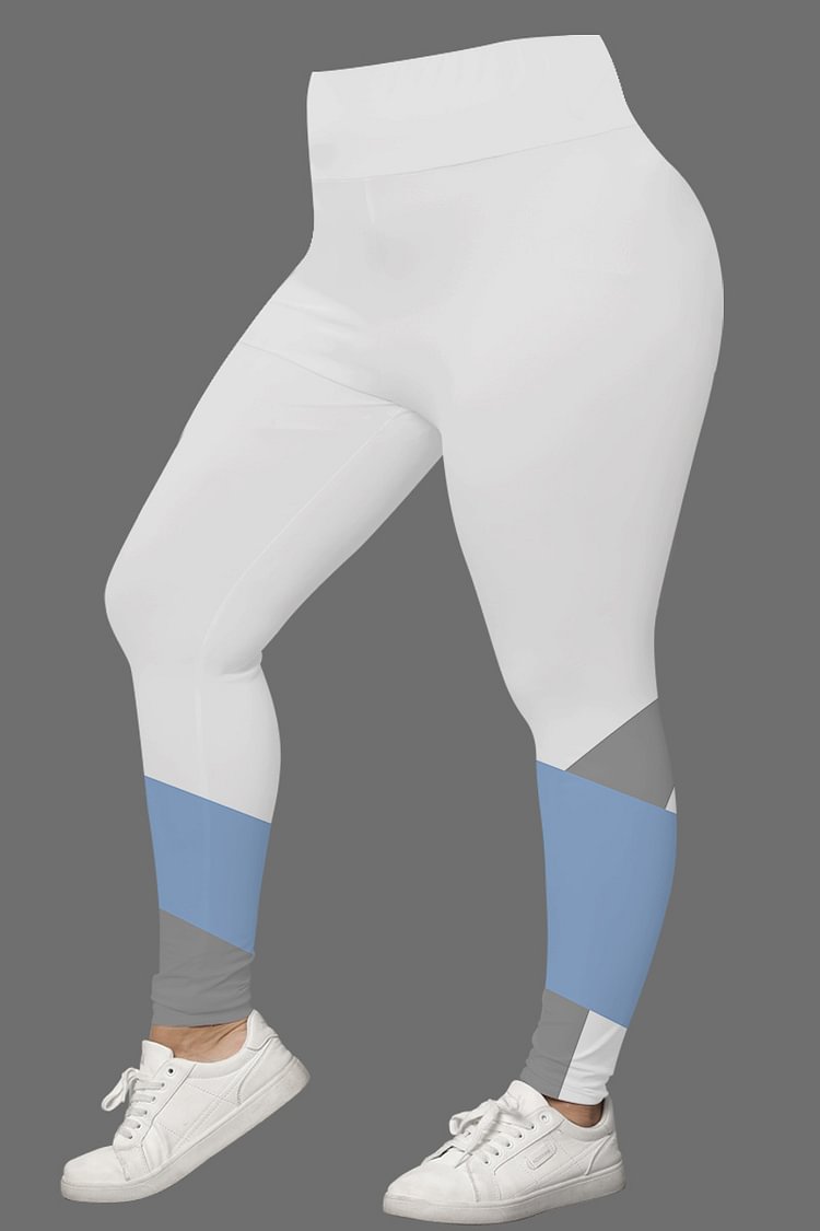 Flycurvy Plus Size Casual White Colorblock Print Legging  Flycurvy [product_label]