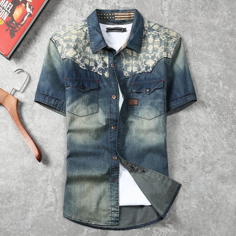 Casual Print Panel Washed Denim Short Sleeve Shirt