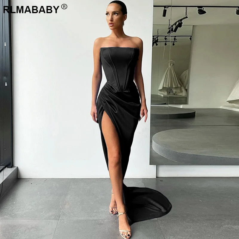 Elegant Women Party Strapless Corset Floor-Length Satin Dress Skinny High Split Folds Sexy Christmas Dinner Long Bodycon Dress