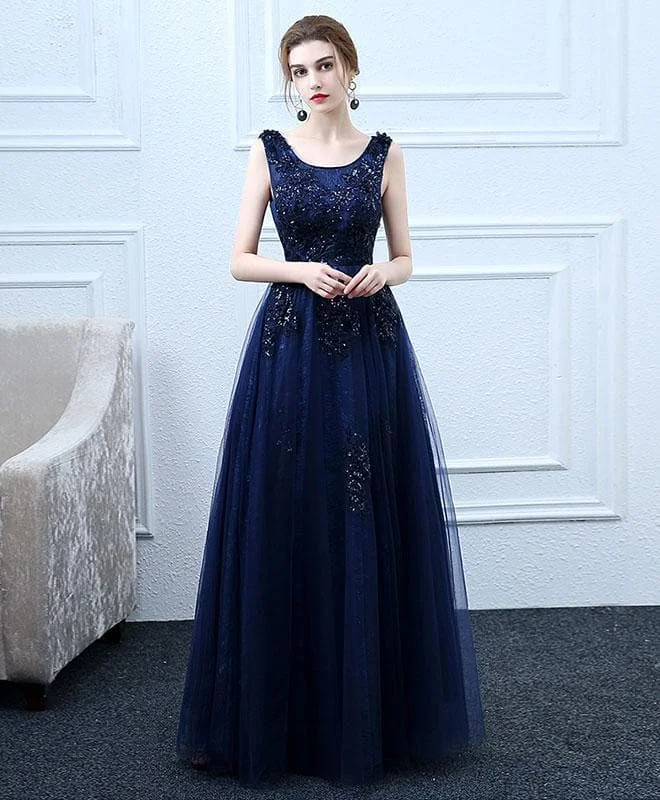 Dark Blue Tulle Long Prom Dress, Blue Evening Dress