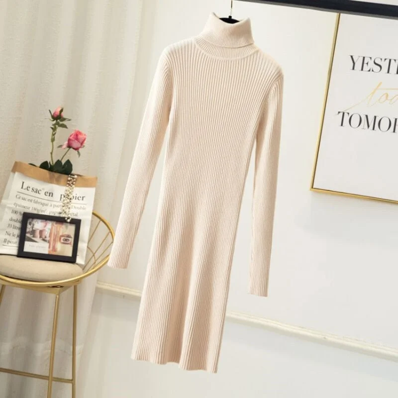 Women Office Lady Slim Pit Knitted Sweater Dress Long Sleeve Turtleneck Solid High Street Casual Dress 2021 Winter Fashion Dress