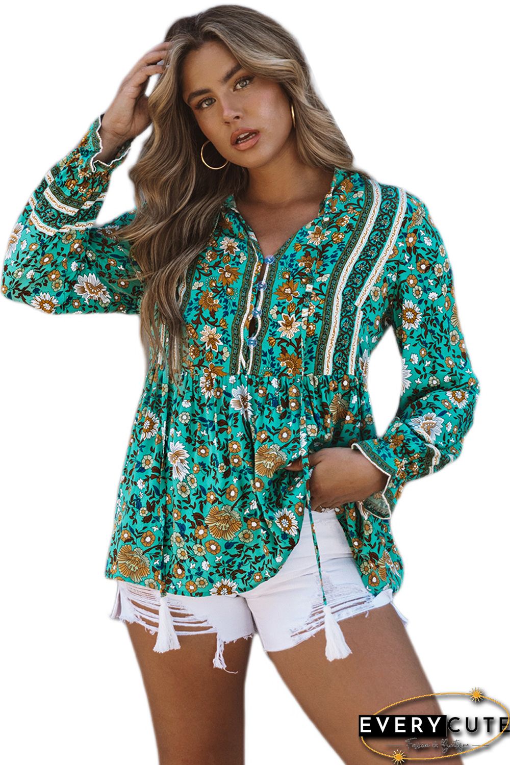 Green Boho Floral Print Peplum Long Sleeve Blouse