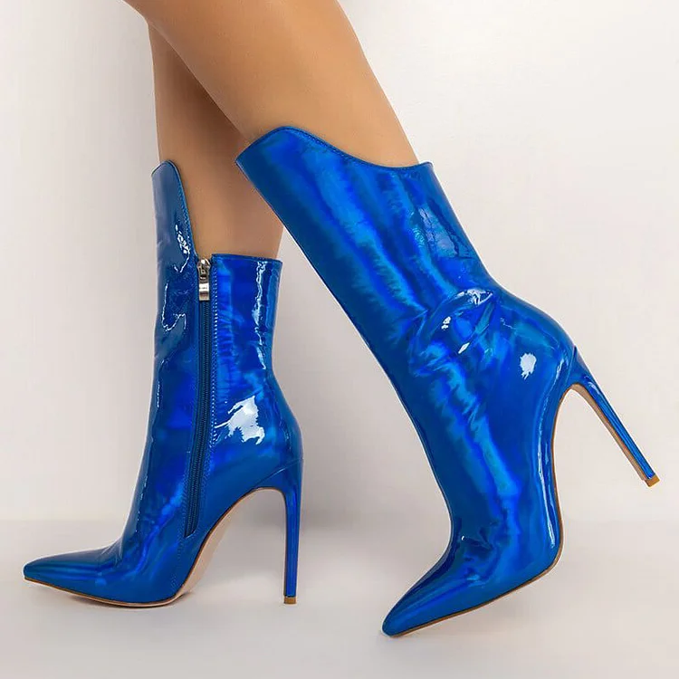 FSJ Royal Blue Holographic Pointed Toe Stiletto Heel Mid Calf Boots |FSJ Shoes