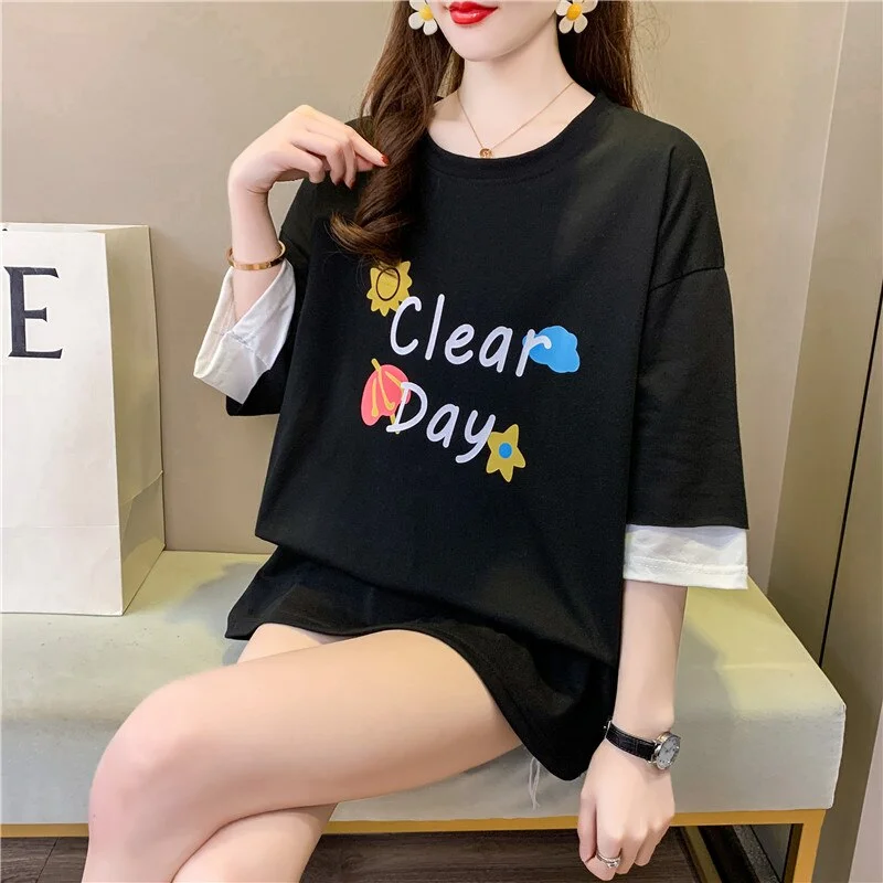Women Short Sleeve T-shirts Letter Print Korean Style Leisure 2021 Fashion Summer kawaii thin cotton Tops Harajuku Woman T-shirt