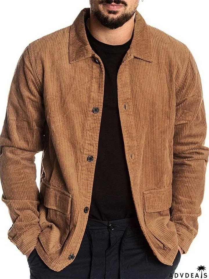 Front Button Lapel Collar Patch Pocket Corduroy Jacket