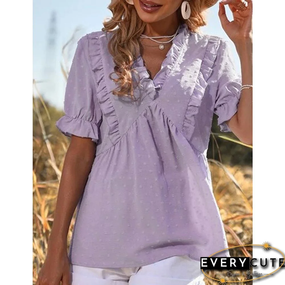 Light Purple Ruffle Detail V Neck Short Sleeve Jacquard Tops