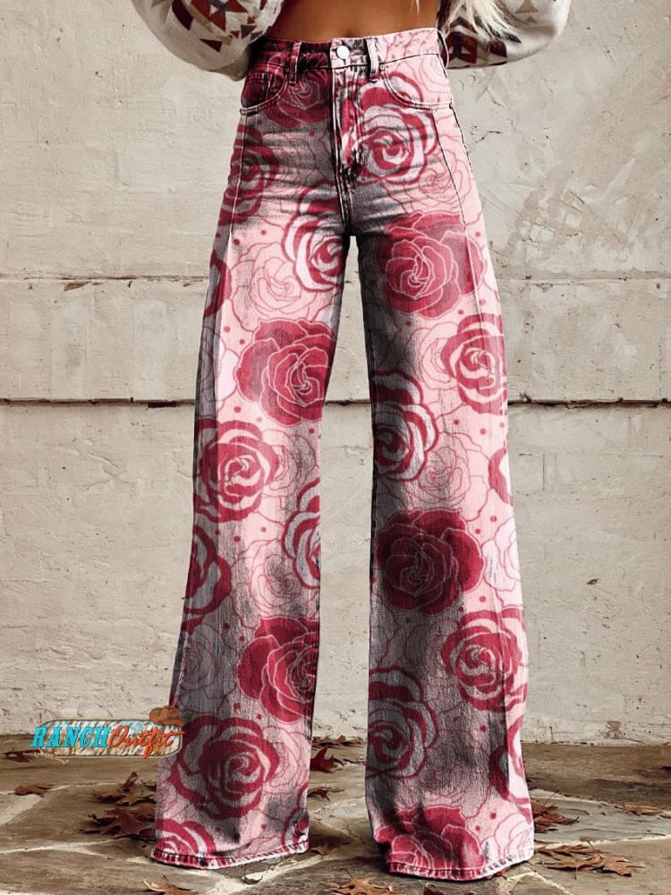 Women’s Vintage Print Casual Wide Leg Pants Multicolor / S