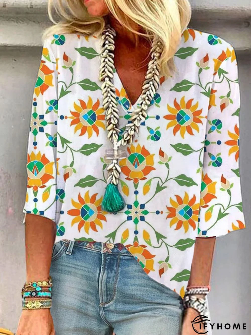 V Neck Floral Long sleeve Top | IFYHOME