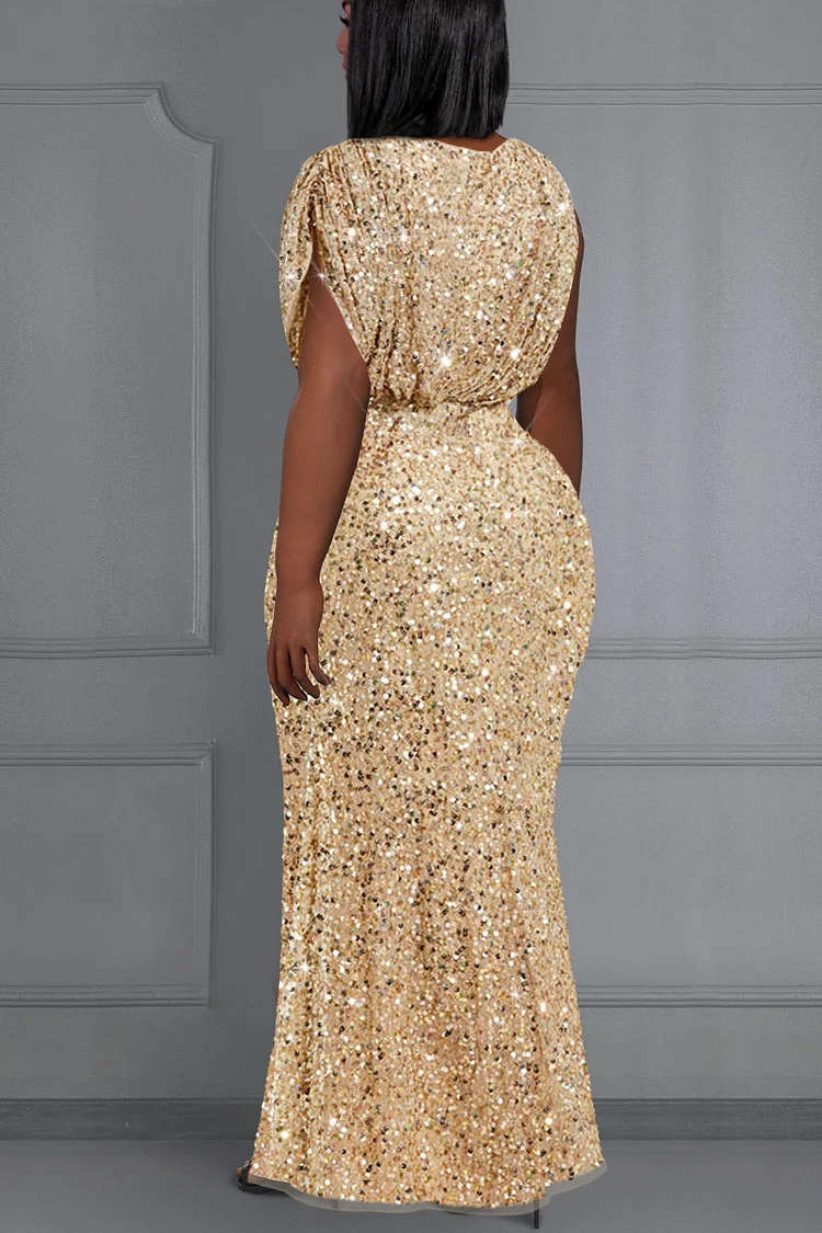 Xpluswear Design Plus Size Formal Gold V Neck Split Sequin Maxi Dresses
