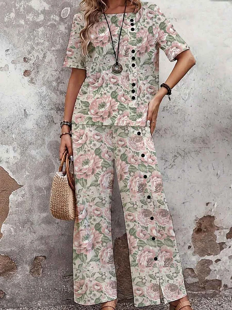 Women's Elegant Rose Floral Print Top Set